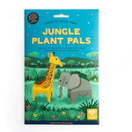 Emballage en forme de carte d’un kit de jardinage pour enfant de la marque Radis et Capucine. Le kit contient des animaux pop up à assembler, qui se transforment en jardinière, il y a un éléphant et une girafe.