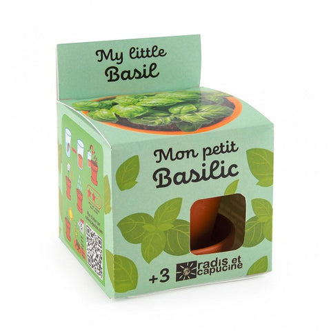 Emballage en carton d’un kit de jardinage pour enfant de la marque Radis et Capucine. Le kit s’appelle mon petit Basilic. Le coffret est vert d’eau avec des illustrations de feuilles de basilic.