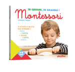 Photo de lapemière de couverture du livre, je cuisine, je grandis Montessori. Sur la couverture, il ya un petit garcon qui étale une pâte à l'aide d'un rouleau à patisserie