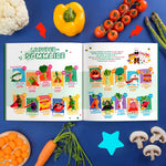 Photo de l'intérieur d'un livre de recette de cuisine pour enfant. Il s'agit du sommaire du livre, il est présenté avec des illustrations de légumes deguisés en super-héros. Le livre est posé sur une table de couleur bleu avec des fruits posés tout autour et des illustration de super héros