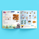 Intérieur du livre de recette pour enfant Chfeclub Kids. Il s'agit de la recette de cookies des Etats Unis. Sur la 1er page il y a les ingrédients avec des illustrations et la 2eme page les étapes de la recette illustrés avec des dessins