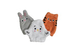 3 petits gants de toilettes pour enfants en forme d'hibou blanc, lapin gris et renard ornge
