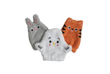 3 petits gants de toilettes pour enfants en forme d'hibou blanc, lapin gris et renard ornge