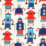 Gros plan sur des motifs de robots de tailles et formes differentes. Les robots sont de couleurs bleus et rouge