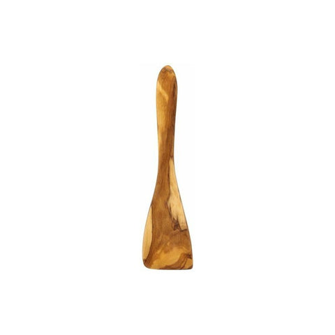 Spatule en bois d'olivier posée sur un fond blanc. Les rainures du bois sont apparents sur la spatule