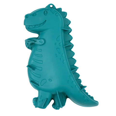 Moule en silicone en forme de dinosaure. le moule est de couleur turquoise et il est posé sur un fond blanc