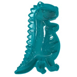 Moule en silicone en forme de dinosaure. le moule est de couleur turquoise et il est posé sur un fond blanc