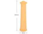 Moule à glace en forme de tube de couleur jaune avec un embout en forme de mouton. Les mesure du moule sont indiqués à coté et sur le dessous du moule. il mesure 180mm de hauteur et 36 mm de largeur