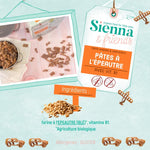 Informations nutritionnistes sur les pâtes bio à l’épeautre de la marque Sienna & Friends. Les infos sont illustrés avec des dessins de la marque sur un documents de couleurs vert d’eau