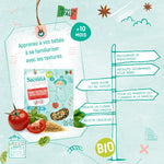  Informations nutritionnistes sur les pâtes  pour bébé de la marque Sienna & Friends. Les infos sont illustrés avec des dessins de la marque sur un documents de couleurs vert d’eau