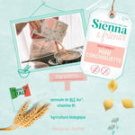 Informations nutritionnistes sur les pâtes bio à l’épeautre de la marque Sienna & Friends. Les infos sont illustrés avec des dessins de la marque sur un documents de couleurs vert d’eau