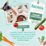 Informations nutritionnistes sur les pâtes  pour bébé de la marque Sienna & Friends. Les infos sont illustrés avec des dessins de la marque sur un documents de couleurs vert d’eau