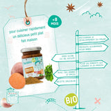 Informations nutritionnistes sur la sauce aux légumes bio  pour bébé de la marque Sienna & Friends. Les infos sont illustrés avec des dessins de la marque sur un documents de couleurs vert d’eau