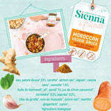 Informations nutritionnistes sur la sauce aux légumes bio  pour bébé de la marque Sienna & Friends. Les infos sont illustrés avec des dessins de la marque sur un documents de couleurs vert d’eau