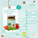 Informations nutritionnistes sur la sauce tomate pour bébé de la marque Sienna & Friends. Les infos sont illustrés avec des dessins de la marque sur un documents de couleurs vert d’eau