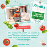 Informations nutritionnistes sur la sauce tomate pour bébé de la marque Sienna & Friends. Les infos sont illustrés avec des dessins de la marque sur un documents de couleurs vert d’eau