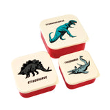 Lot de 3 boites à gouter avec 3 illustrations de dinosaures sur le couvercle. les boites sont rouge et le couvercle beige avec 3 dinosaure differents ; tyrannosaure, stegosaurus et tylosaurus