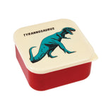 Boite à gouter de couleur rouge avec un couvercle beige et une illustration de Tyrannosaure avec ecrit le nom du dinosaure