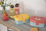 Photo d’une table en bois avec posé dessus 2 lunch box et 2 gourdes assorties. Il y en a une jaune avec un lion et une rose avec un renard, les gourdes ont les mêmes couleurs et même illustration. A côté des gourdes sont posés 2 pommes et un petit bouquet de fleur champêtre. Il y a également des biscuits sur la table et des miettes laissant penser qu'un goûter à été pris