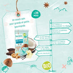 Informations nutritionnistes sur le snack cru pour enfant de la marque Sienna & Friends. Les infos sont illustrés avec des dessins de la marque sur un documents de couleurs vert d’eau