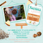 Informations nutritionnistes sur le snack cru pour enfant de la marque Sienna & Friends. Les infos sont illustrés avec des dessins de la marque sur un documents de couleurs vert d’eau
