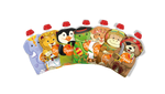 7 gourdes réutilisables avec 7 illustration d'animaux dessus : pingouin, éléphant, lion, serpent, tigre, ours et singe. Sur le centre de la gourde est indiqué le logo de la marque squiz, avec un cercle orange. Les gourdes sont refermées avec un bouchon de couleur rouge. 