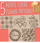 information sur les différente fase d'un tampon à biscuit en bois, il y a 5 dessins différents sur le thème des fleurs