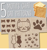 information sur les différente fase d'un tampon à biscuit en bois, il y a 5 dessins différents sur le thème du chat