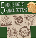 information sur les differente face d'un tampon a biscuit en bois, il y a 5 dessins differents sur le thème de la nature