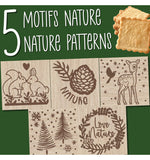 information sur les differente face d'un tampon a biscuit en bois, il y a 5 dessins differents sur le thème de la nature