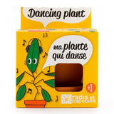 Emballage en carton d’un kit de jardinage pour enfant de la marque Radis et Capucine. Le kit s’appelle Ma plante qui danse. Le coffret est jaune avec une illustration de plante rigolotte.
